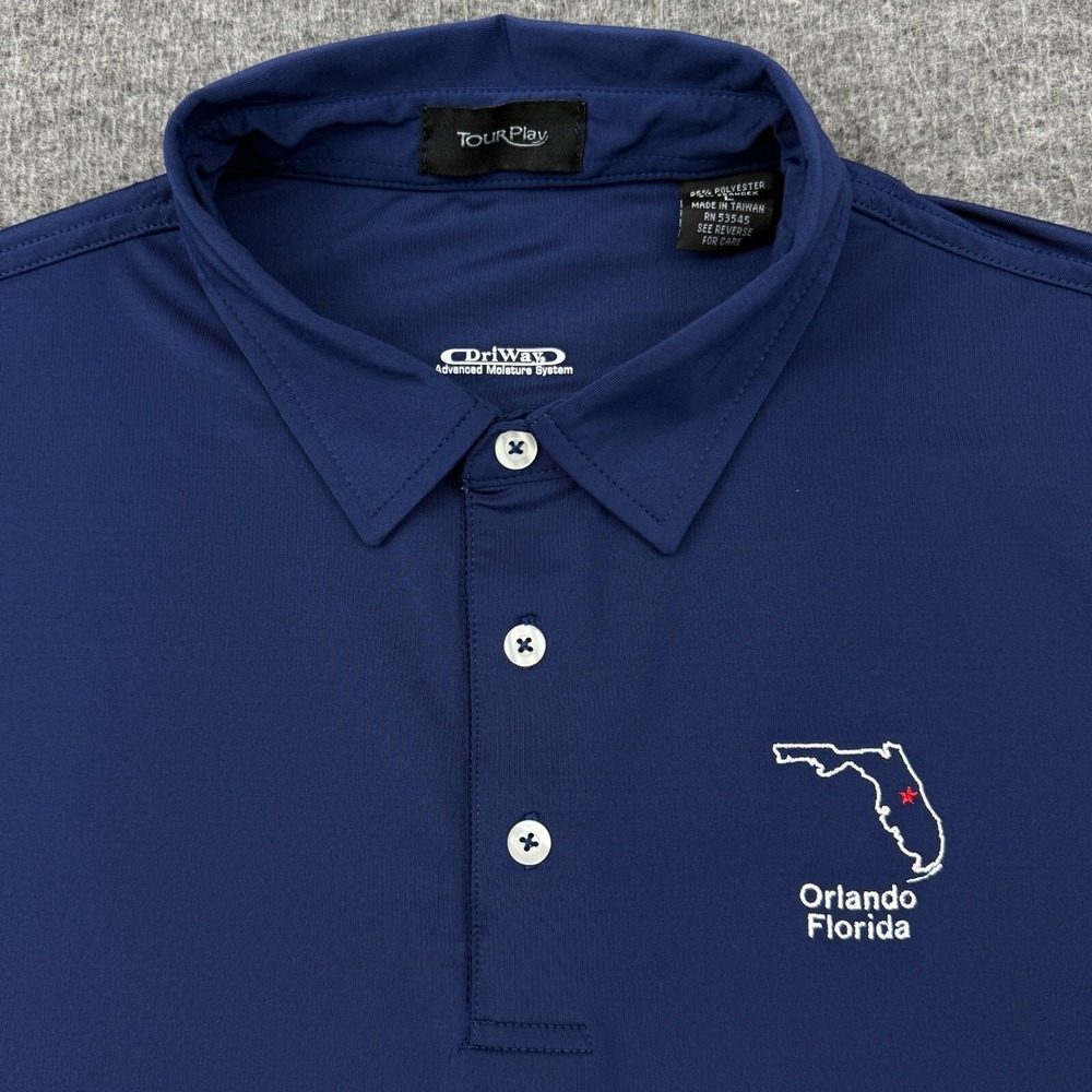 Tour Play‎ Polo Shirt Mens Large Blue Orlando FL State Performance Golf Stretch